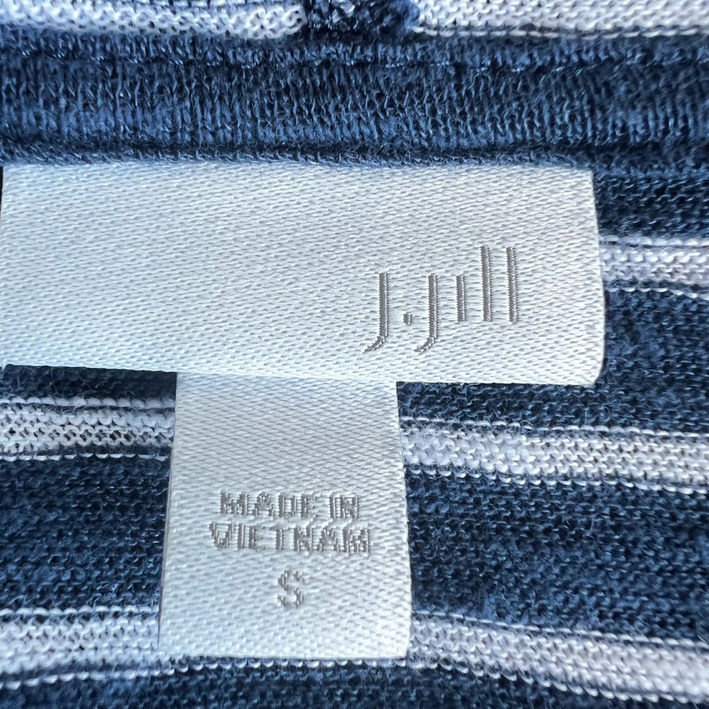 J. Jill Striped Linen Cotton Henley Hoodie Navy White Roll Tab Sleeve Small - Picture 2 of 14